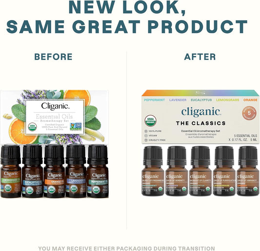 Cliganic Organic Essential Oils Set (Top 5) - 100% Pure Natural - Aromatherapy,